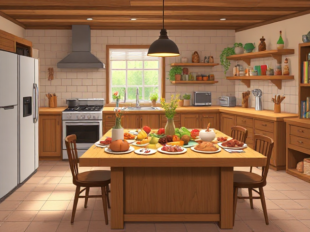 Une grande cuisine à avec cuisinière à bois. Une grande table pleine de bonne nourriture.