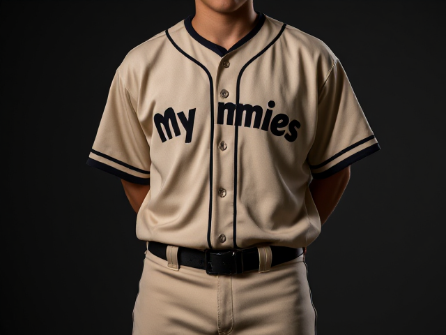 A beige baseball jersey with my mummies written across the front in black  with black around the neck and cuffs of the jersey with beige baseball pants with black a black stripe down the sides with a black belt