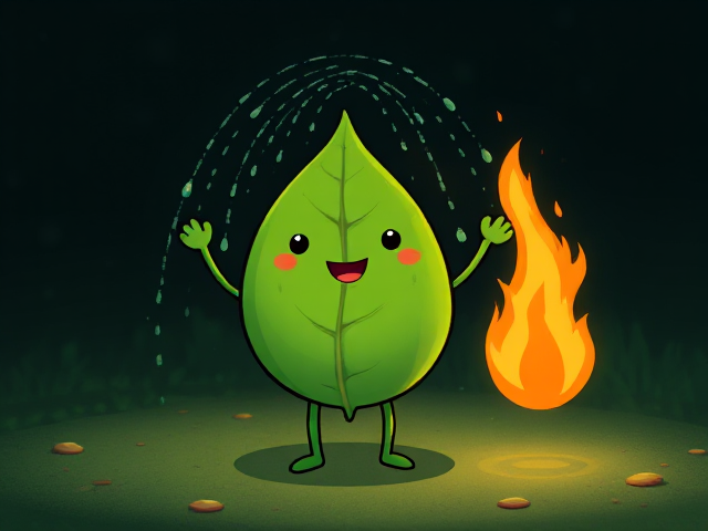 Leaf with two arms and two legs showering with a fire with two arms and two legs