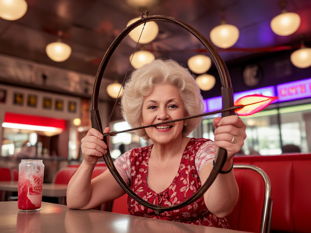 old lady in a diner with a flaming bow and arrow