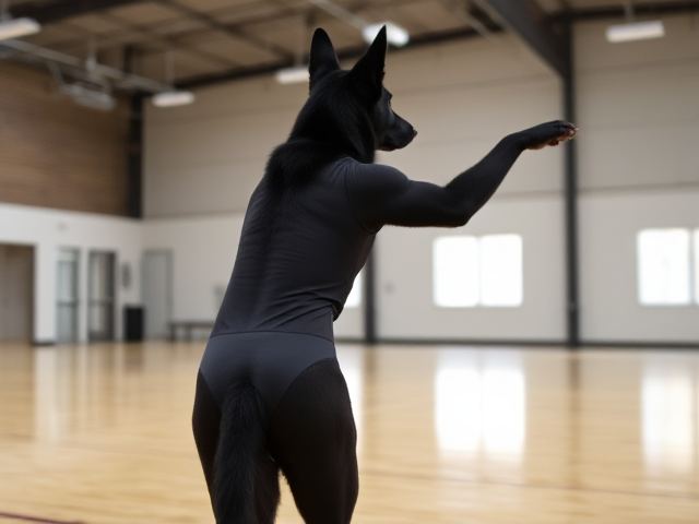 Anthropomorphic black German shepherd, wearing a gymnastics leotard, performing in a gymnasium, dynamic pose