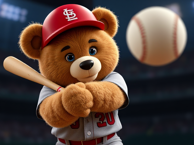 A human teddy bear tan fur blue eyes wearing a cardinals uniform red helmet grey jersey grey pants swinging a light beige baseball bat with red grip tape at a baseball moving at him fast