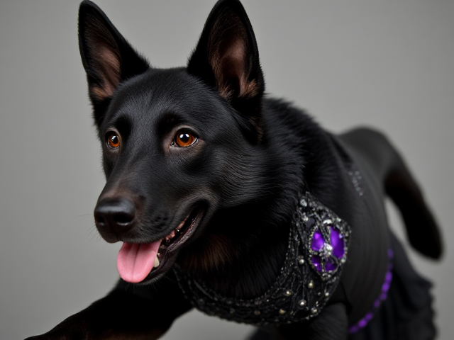 Anthropomorphic black German shepherd with expressive eyes and a glossy coat, wearing a highly detailed and intricately designed gymnastics leotard with intricate patterns and sequins, dynamic pose capturing motion, high detail with realistic lighting and shadows, vibrant colors accentuating the scene, lifelike fur texture with individual strands visible