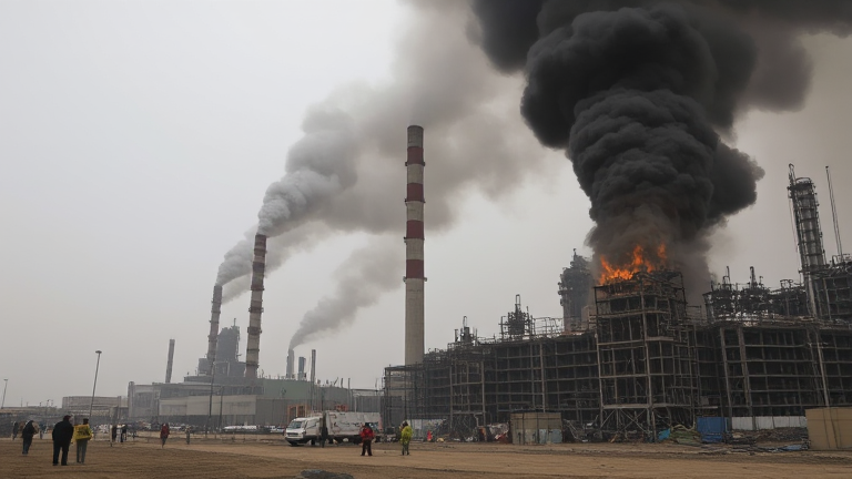 Image depicting the aftermath of Israel's airstrikes on two oil refineries in Iran, with smoke billowing from the damaged structures and emergency responders in action