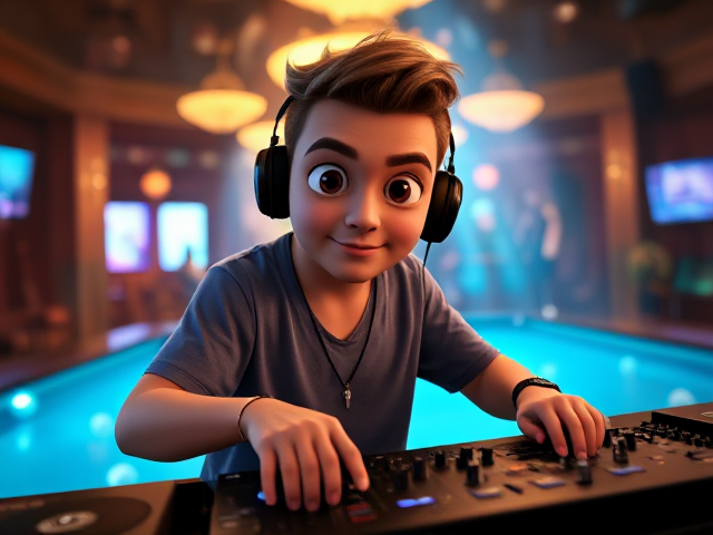 Male DJ mixing in a pool bar