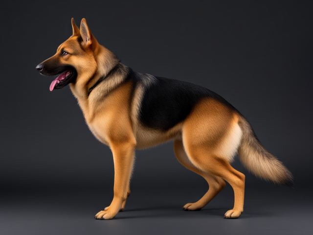 Anthropomorphic German shepherd, athletic build, strong hips, wearing a gymnastics leotard, dynamic pose, detailed fur texture, vivid colors