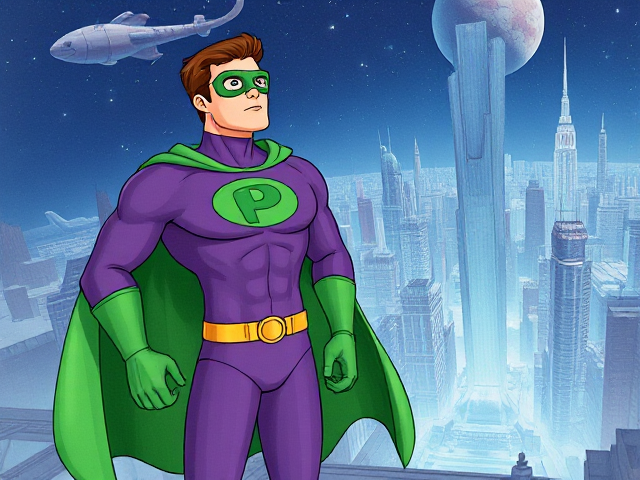 Modern Cartoon scene: A young, Autistic 25-year old boy with light skin and flat, smooth, and slick brown hair named T.J. Granger, but transformed into a genetically-altered superhero named Powerman, who, despite still being a young adult kid, has an extremely muscular body. He wears a sleek purple suit with a green P symbol on his chest, a gold belt with a circular buckle, green briefs, green boots, green long-cuffed gloves, a really big, toe-length long, ultra-wide green cape wreathed around his neck, and a green eye mask that protects his true identity. He also has incredible and invincible superpowers flowing through his veins. In this scene, Powerman is currently standing in the alien city on his masters' home planet of Zantal, where he looks up to the cosmic skies, sensing that something is wrong, and he knows he must investigate.