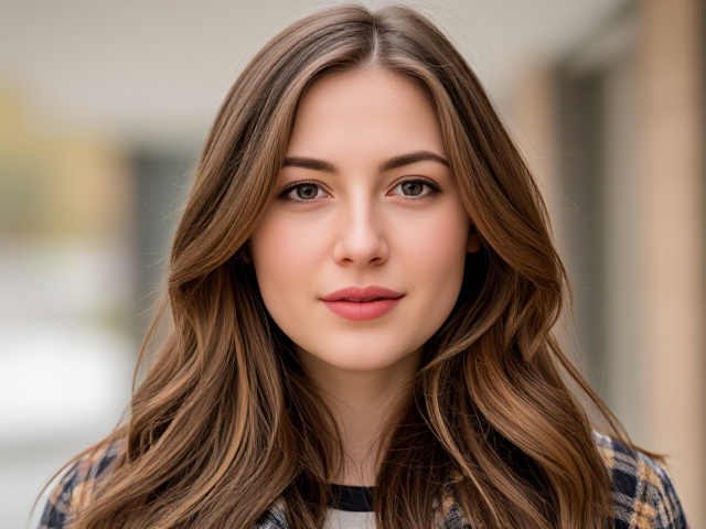 a thick-bodied preppy brown-haired college girl with a wide nose