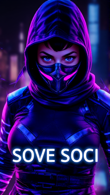 A fierce female ninja warrior emerges from the neon-lit shadows, her figure shifting like liquid energy. Her armor shimmers in deep purples and electric blues, infused with streaks of glowing magenta. Motion blurs around her, as if reality itself distorts in her wake. Her piercing gaze cuts through the digital haze, framed by a cybernetic mask pulsing with holographic light. The world around her dissolves into abstract streaks of color and glitching pixels, caught between dimensions. Below, the signature ‘SOVE SOCI’ glows in a futuristic, white neon font, standing bold against the flux of time and space.