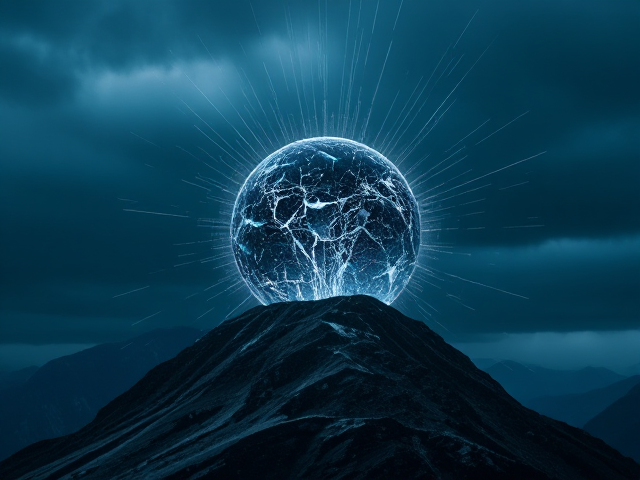 Create an image of a sphere with streaks of light beaming out of it cracking open on top of a mountain in a very bad storm