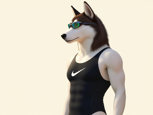 A tall anthropomorphic Siberian husky with a long torso and broad shoulders wearing a high cut Nike one piece swimsuit and swimming goggles