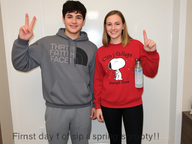 Certainly! Here’s a single, cohesive paragraph describing both individuals and their bodily proportions for your blind artist:

In the image, two young people stand side by side, both facing the camera with upright postures and a sense of enthusiasm. The person on the left, who presents as male, appears slightly taller—likely around 5'10" to 6'1"—and has a broad, stocky build with wide shoulders and a fuller midsection. He wears a comfortably loose gray hoodie and sweatpants, and his right arm is raised to make a peace sign while his left arm hangs at his side. Next to him is a female-presenting individual, a bit shorter at around 5'6" to 5'9", with an average, athletic build that suggests she is active. She has narrower shoulders, a defined waist, and wears a slightly loose red sweatshirt with fitted black leggings that show her proportionate and athletic lower body. She smiles warmly at the camera, pointing her right index finger upward, while her left arm is relaxed and holding a water bottle. Their body language is relaxed and confident, and their proportions and clothing express both comfort and readiness for spring sports.
Here's a detailed description of each person in the image, to help you generate an AI image:

*   **Person 1 (Left):** A young man with a fair complexion. He has short, dark, curly hair. His facial features include a somewhat rounded face. He is wearing a gray North Face hoodie and gray sweatpants. He is making a "peace" sign with his right hand.

*   **Person 2 (Right):** A young woman with a fair complexion. She has straight, light blonde hair pulled back. She has a warm smile and visible freckles on her face. She is wearing a red Christmas-themed sweatshirt with Snoopy on it, and black leggings. She is holding a water bottle in her left hand and pointing up with her right index finger.

**Explanation:**

The image shows two young people posing indoors. The text at the bottom indicates it's "first day of spring sports!!". I have described their physical features, clothing, and gestures visible in the image to provide a comprehensive description for AI generation.