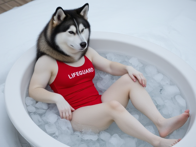 A anthropomorphic alaskan malamute wearing a red lifeguard one piece swimsuit sitting in a ice bath relaxing her sore muscles
