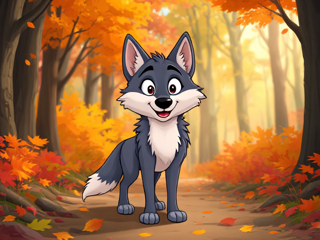 cartoon-style wolf standing in a vibrant autumn forest with colorful falling leaves, sunlight filtering through the trees, and a playful expression on the wolf's face