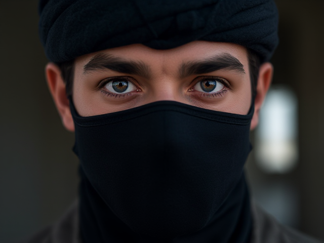 Tan, violet siren eyes, male, Arab, mask, black hair covered, no eye bags, military uniform