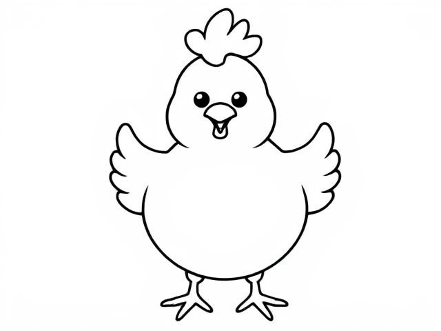 Create a simple black-and-white coloring page featuring a cute little hen designed in a sketch style. ensure  hen in full-body outline in a mandala style, use only outline ensuring it appears playful and approachable for young children aged 2 to 4. Design hen with basic, friendly features, emphasizing a round body incorporating . Include a friendly expression to enhance its inviting character.
