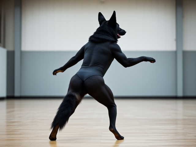 Anthropomorphic black German shepherd, wearing a gymnastics leotard, performing in a gymnasium, dynamic pose