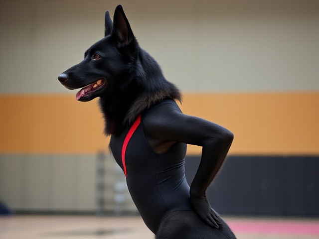 Anthropomorphic black German shepherd wearing a gymnastics leotard, posing with emphasis on its hips in a gymnasium setting, detailed and vibrant colors
