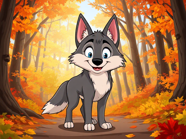 cartoon-style wolf standing in a vibrant autumn forest with colorful falling leaves, sunlight filtering through the trees, and a playful expression on the wolf's face
