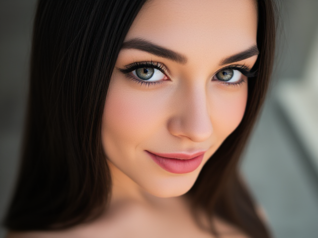 Beautiful Latina woman, captivating grayish-green eyes with a hint of depth and sparkle, long black straight hair cascading down her back like silk, thick and beautifully shaped eyebrows that accentuate her expressive gaze, fair and flawless skin with a porcelain-like texture, rosy cheeks with a healthy glow enhancing her youthful appearance, light pink thin lips forming a gentle and inviting smile, feminine silhouette with big round breasts and small round hips perfectly balanced, dressed in elegant attire that complements her allure, standing in a sunlit setting that highlights her charm and cuteness