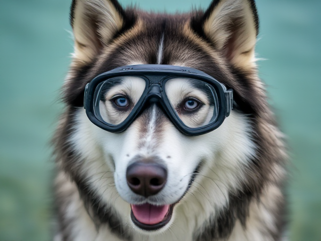 An Alaskan malamute wearing Freediving goggles