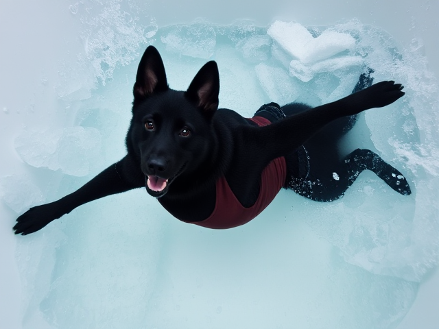 A anthropomorphic black German shepherd wearing a gymnastics leotard underwater in a bath tub full of ice