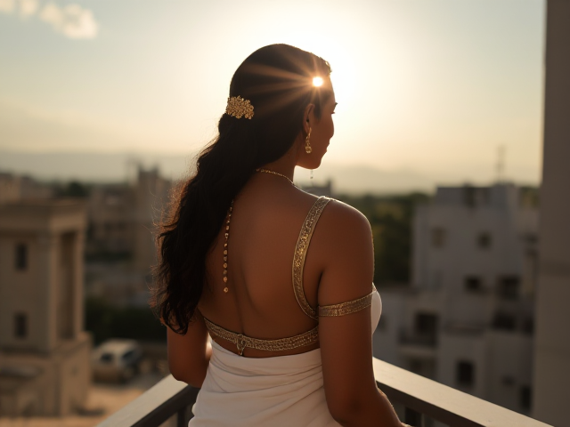 Skinny ndian woman in a white Saree.  with gold jewelry and back turned looking at the sky from a balcony in Pakistan, face not visible