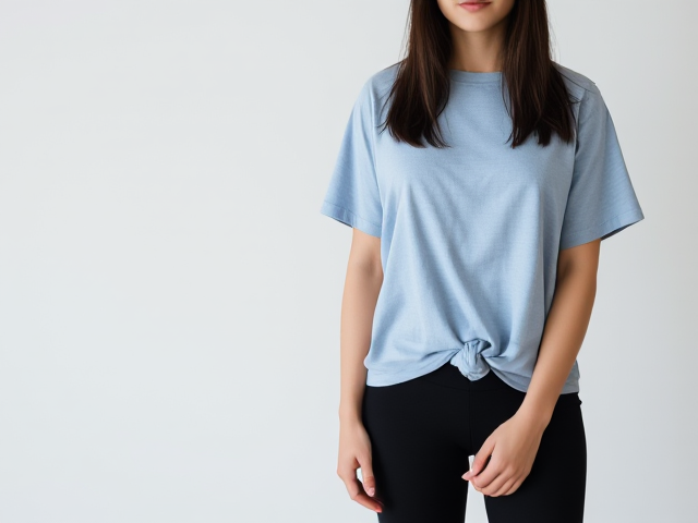 Brunettes in her early 20s dark shoulder hair down wearing a light blue loose t shirt that cuts at her knees and black yoga pants right next to a looped knot