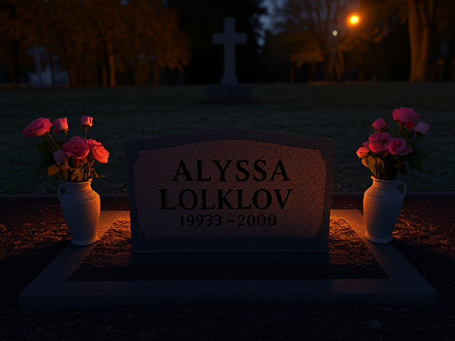 A grave that has the name 'Alyssa Volklov 1993-2009' engraved on it with roses in vases surrounding it at night