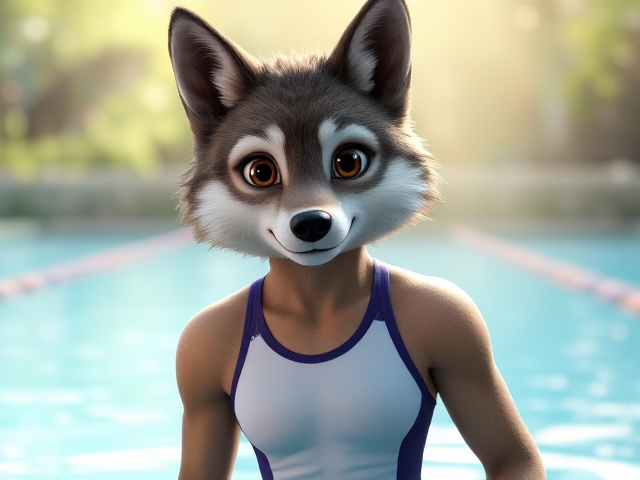 A anthropomorphic wolf Olympic swimmer wearing a one piece swimsuit