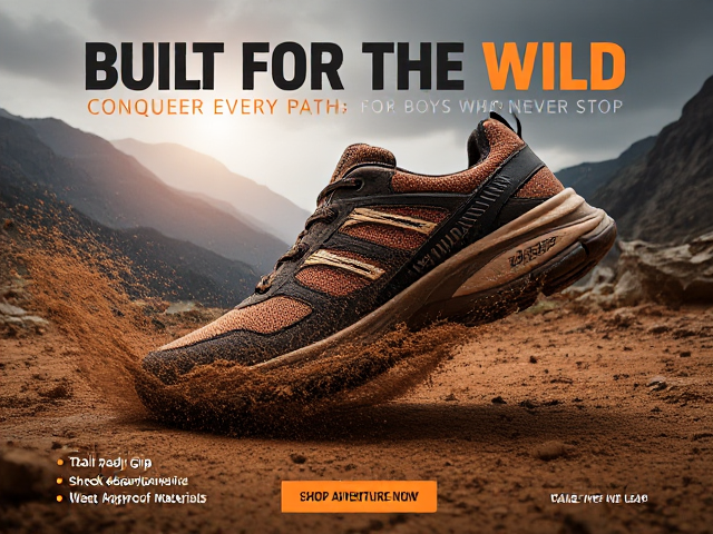 Blaze through every challenge with sneakers engineered for boys who never stop. The design features rugged, all-terrain sneakers with bold textures, dynamic tread patterns, and colors like earth-tone brown, fiery orange, and metallic black. The sneakers are depicted in a high-action outdoor setting, smashing through mud, dirt, and splashes of water, creating dramatic motion and impact effects.

The background showcases a scenic, adrenaline-filled adventure with elements like rocky mountain trails, glowing sunlight breaking through clouds, and dust particles flying in the air. Slogans such as 'BUILT FOR THE WILD' and 'CONQUER EVERY PATH' are displayed in bold, rugged fonts, reflecting the shoe’s durability and strength. Key features like 'Trail-Ready Grip,' 'Shock Absorption,' and 'Weatherproof Materials' are highlighted through stylish labels and close-up shots of the sneakers in action.

A powerful call-to-action like 'Take the Leap' or 'Shop Adventure Now' stands out at the bottom, paired with a glowing button or scannable code for instant purchases. This outdoor-inspired design is crafted to captivate boys who thrive on adventure and action."