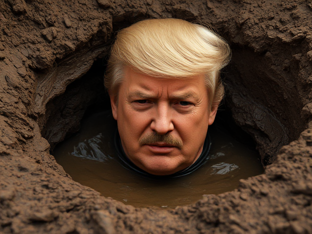 Saddam Hussein and Donald Trump hybrid, hiding in a hand-crafted mud hole, realistic, high detail, somber atmosphere