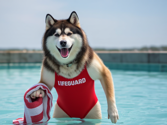 A anthropomorphic alaskan malamute  wearing a red lifeguard one piece swimsuit drying off with a towel