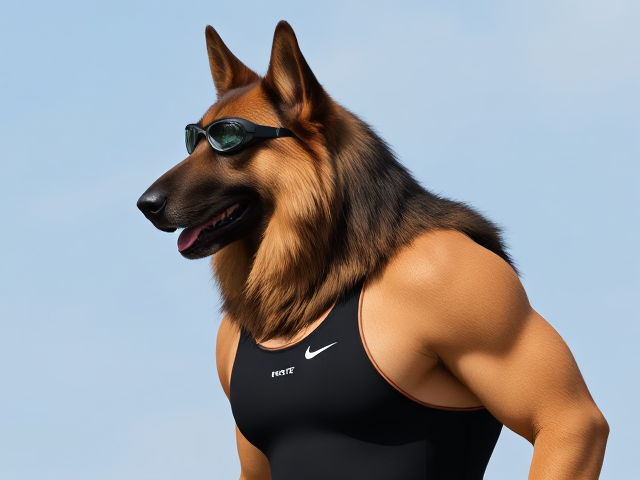 A tall and lean anthropomorphic long haired German shepherd with a long torso and broad shoulders wearing a high cut Nike one piece swimsuit and swimming goggles