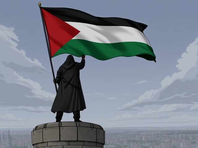 the Palestinian Flag being waved by a hooded figure on top of a tower as he watches over the people of Palestine as a guardian after they have been surviving the attacks they are under. Animated in the style of telltale the walking dead