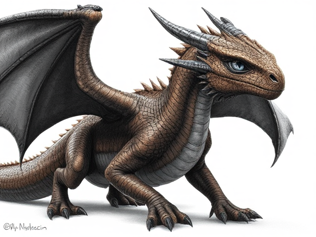 Female dragon with leather brown scales and dark midnight-black wings; obsidian black underbelly and dark brown clawed feet. She has a deep, jagged scar crossing the left side of her face from her eye down to her nose, alongside small yet numerous battle marks and scratches. Her eyes are ice blue. Narrow, scarred face and an elegantly long neck. Has ears like a horse. Powerfully and dominantly built with taut muscles under her scales. She moves quickly yet purposefully