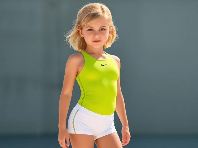 Small blonde haired girl wearing lime green one piece swimsuit and white Nike pro Lycra shorts