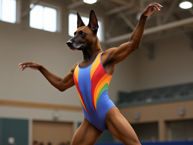 Anthropomorphic Belgian Malinois wearing a colorful gymnastics leotard, performing in a well-lit gymnasium, dynamic pose, detailed fur and fabric textures