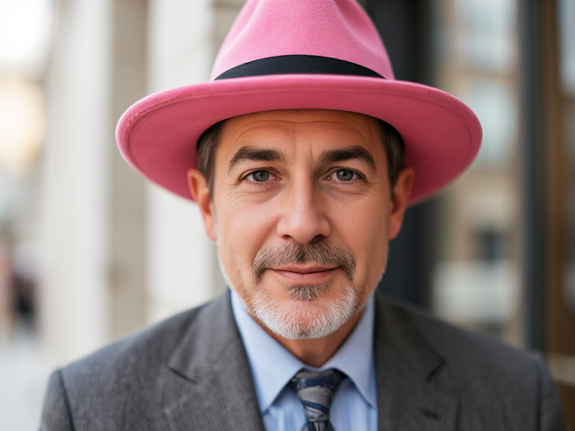A gentlemen in a pink hat