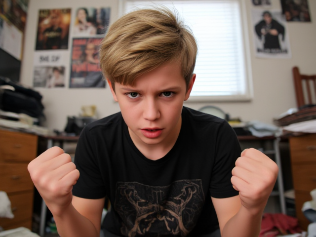 A young femboy, visibly frustrated, with a tense expression and clenched fists, sitting in a messy room with posters on the walls