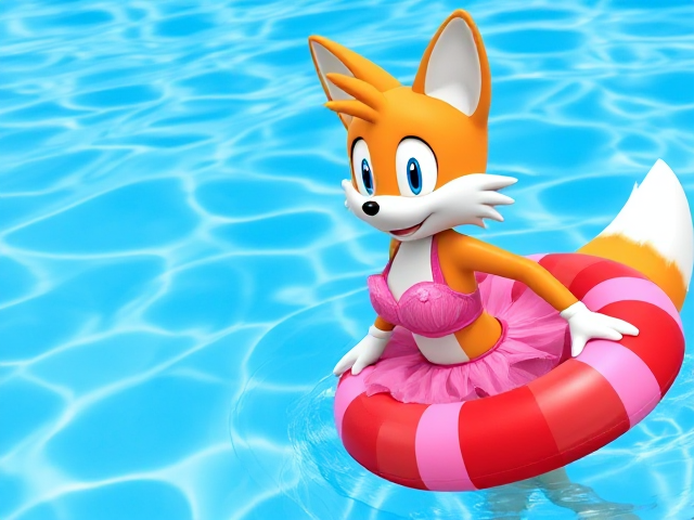 Tails the Fox wearing a pink tutu swimming costume and a red and pink stripped rubber swim ring SEGA