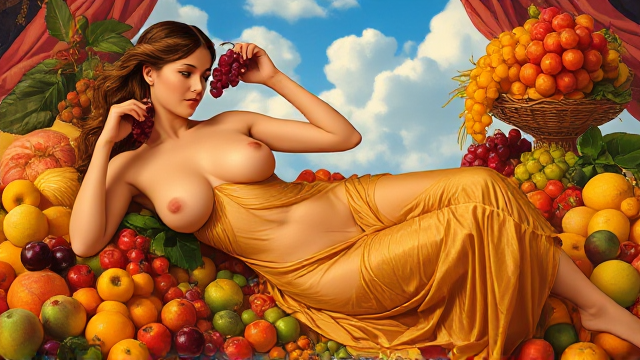 An exquisite ancient Greek goddess, reclined gracefully in the midst of a vibrant fruit banquet. With a languid expression, she holds a cluster of grapes tantalizingly above her mouth, while a cascade of colorful fruits surrounds her. The topless goddess adorns a translucent, wet, flowing gold gown with intricate slits, exposing her golden, radiant skin. The opulent setting, adorned with luxurious fabrics and glistening golden accents, creates an enchanting, divine atmosphere.