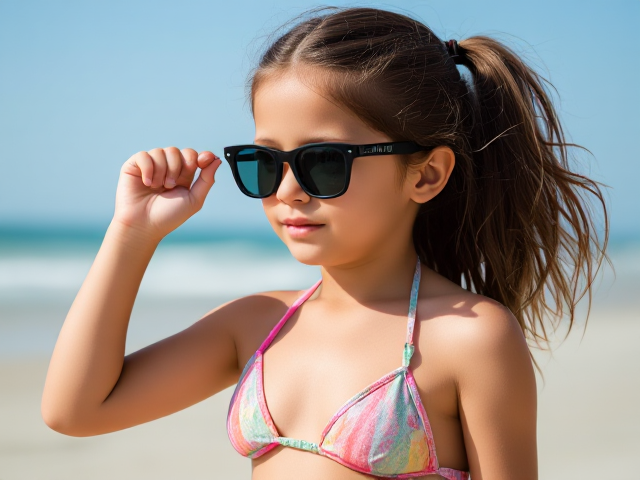 Little girl in a bikini glasses