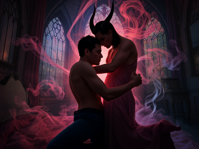 Young man battling insomnia and anxiety, symbolic dance with the devil, two figures in a toxic embrace, the devil guiding him toward madness. Intricate shadows twist around them, swirling smoke forms mysterious patterns. Vivid colors clash dramatically with surrounding darkness. Expressive faces reveal deep inner turmoil and despair. Gothic architecture looms ominously in the background. Ethereal lighting casts eerie glows and spectral highlights. Haunting reflections in cracked mirrors show distorted realities. The setting is an abstract bedroom scene, shrouded in mystery, with the devil appearing truly devilish, not human-like