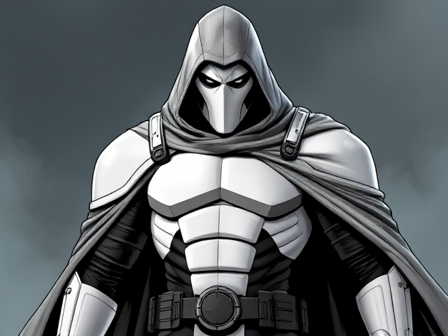 Comic book villain in non-descript white body armor and a grey cloak