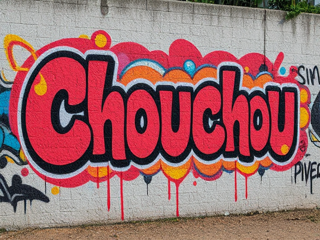 Graffiti dynamique et coloré avec le mot "Chouchou" sur un mur urbain, lumière naturelle, détails ultra-réalistes, textures riches