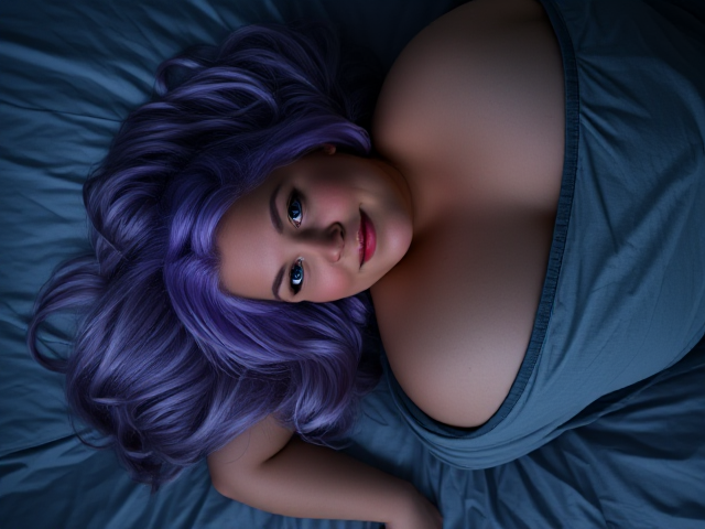 Images of A tall obese woman long light purple hair blue eyes  laying on the bed   smiling at night