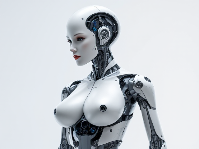 Futuristic humanoid female robot with sleek metallic body, intricate circuit internals