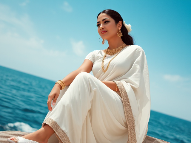 Woman in white saree with gold jewelry, a bindi, and white shoes, ocean background