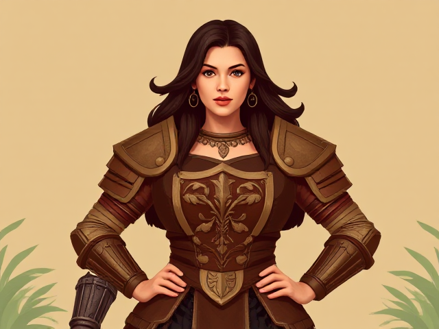 Large woman in leather armor in style of jumanji